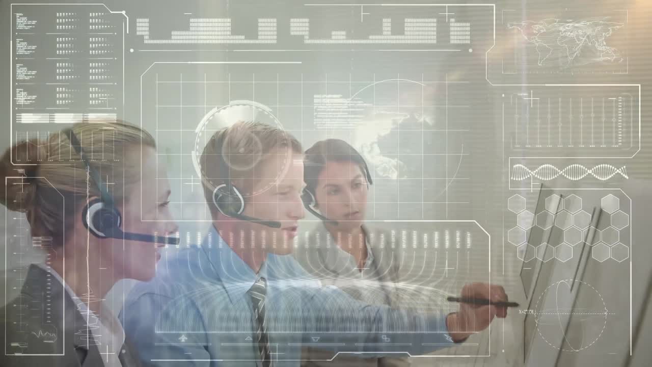 animación del procesamiento de datos financieros sobre personas de negocios que trabajan en la oficina