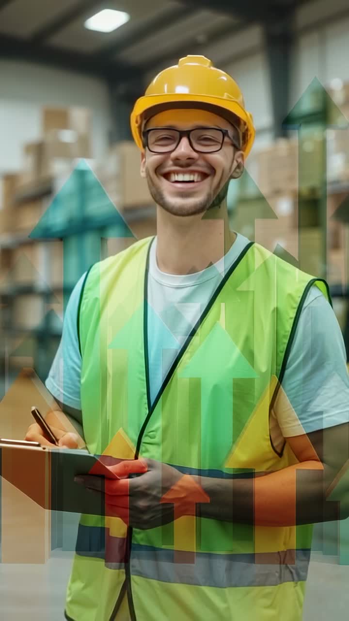Video verticale: addetto con gilet che controlla gli appunti e verifica il numero di scatole tra le corsie, con frecce