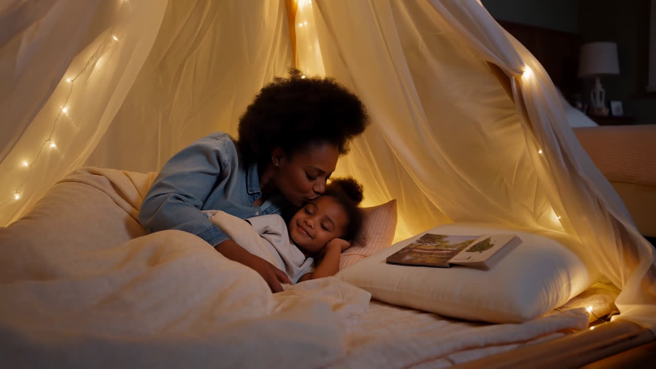 Loving Mother Kisses Daughter Sleeping Peacefully in Bed Tent