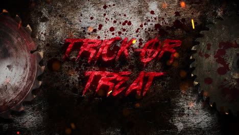 animation text trick or treat and mystical horror background with electric saw and dark blood