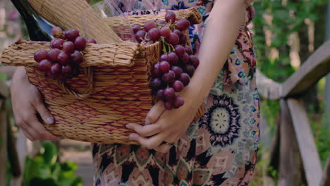 girl carrying a basket with grapes and a bottle of wine