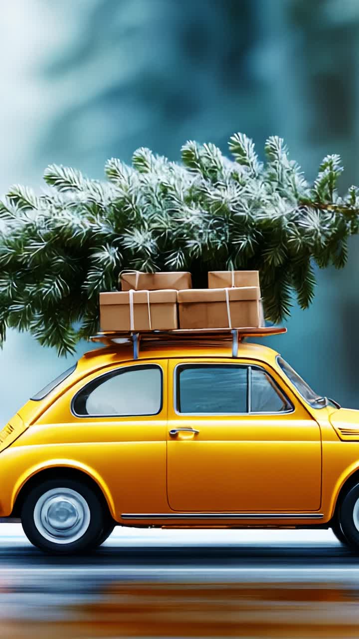 Un'affascinante auto gialla addobbata con un albero di Natale festivo e regali incartati, che mette in mostra la magia dei viaggi durante le feste e la gioia stagionale in un paese delle meraviglie invernale