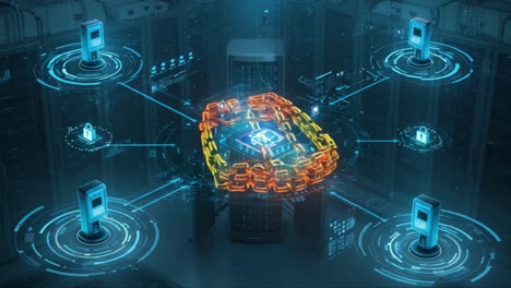 a futuristic network visual featuring digital connections and security protocols in a high-tech server room environment