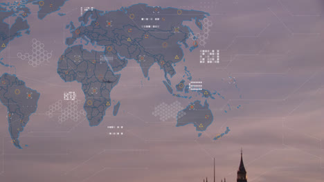 Animation-of-financial-data-processing-over-world-map-and-london-cityscape