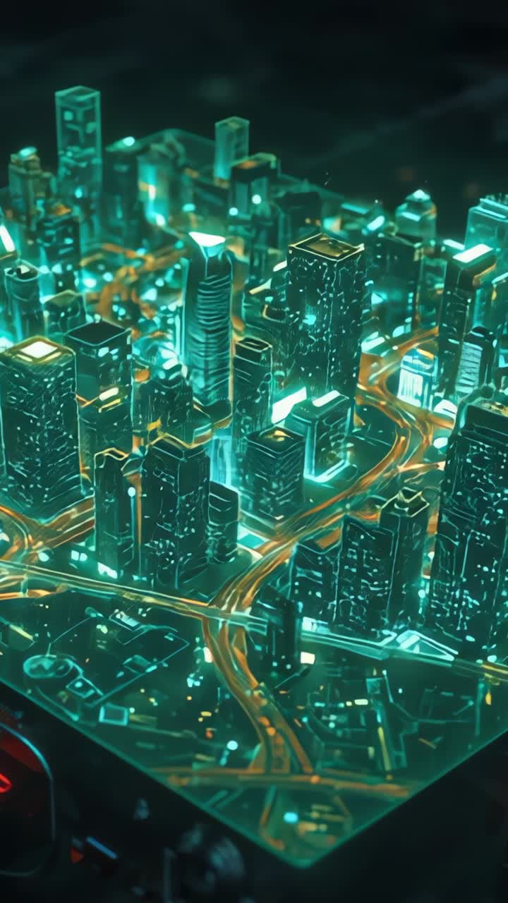 Vertical video: City hologram appearing on display in dark chamber, rotating, revealing neon roads