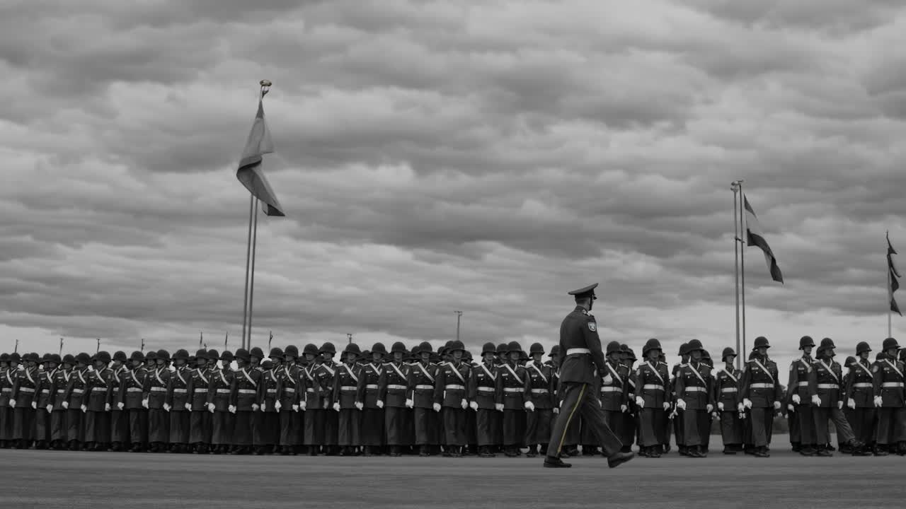 A dramatic, low-angle video shot captures a military parade in black and white