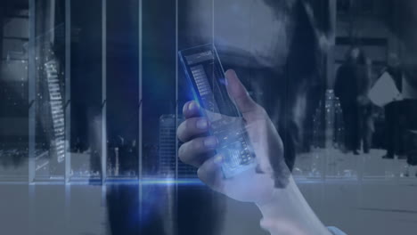 holding smartphone, hand displaying digital animation over cityscape at night