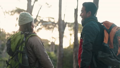 hiking, high five and couple hug in in a forest