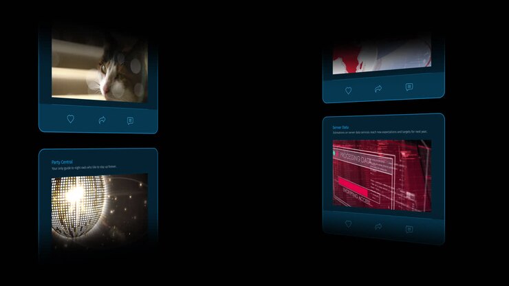 Animation of interface with social media posts on black background