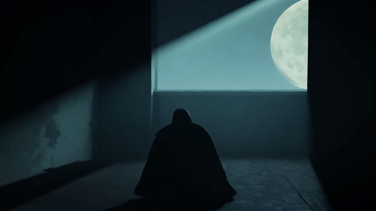 una figura solitaria se sienta en una habitación oscura, iluminada por la luna que brilla a través de una ventana