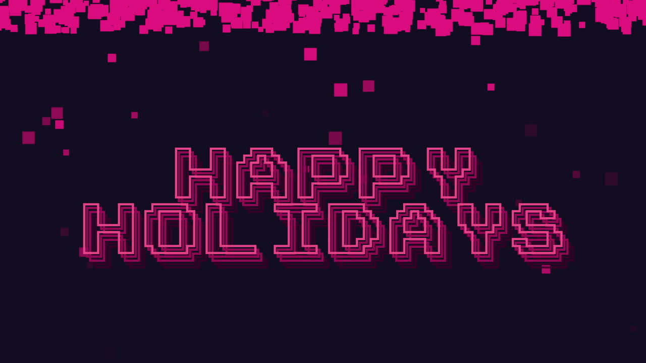 feliz feriado com pixels voadores no gradiente azul