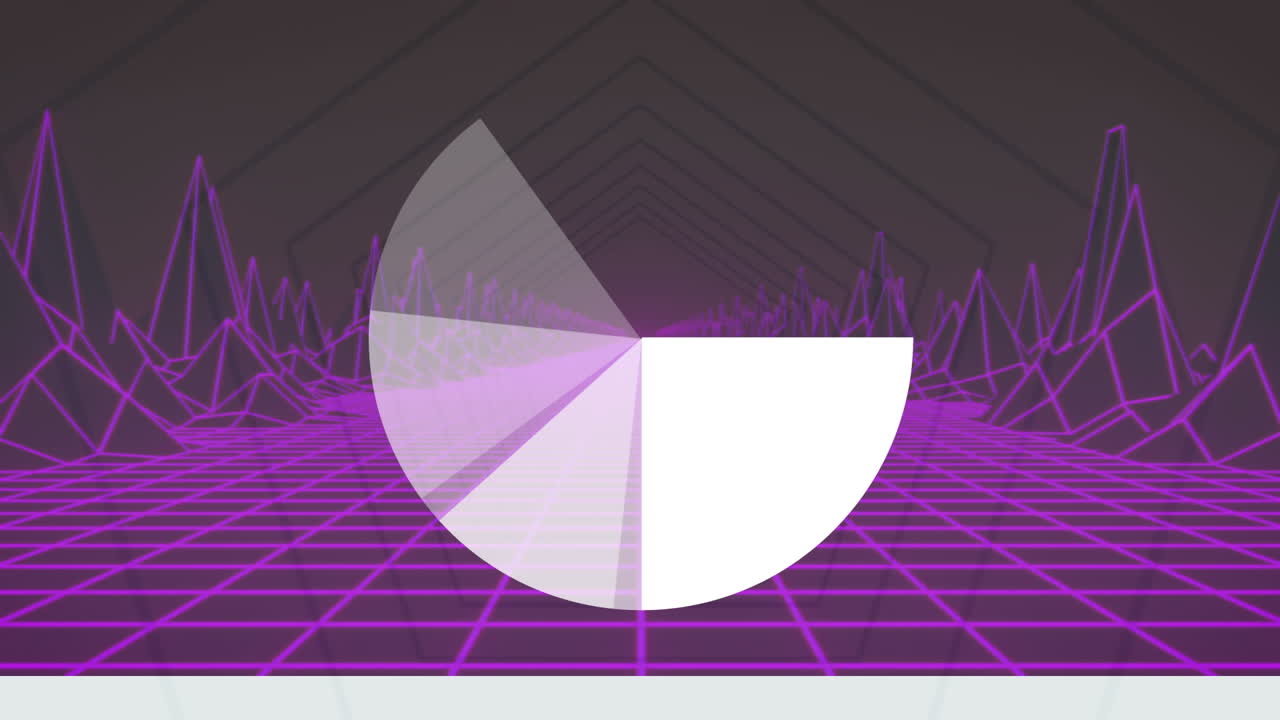 animación de formas geométricas de neón brillantes y paisajes sobre un fondo oscuro.