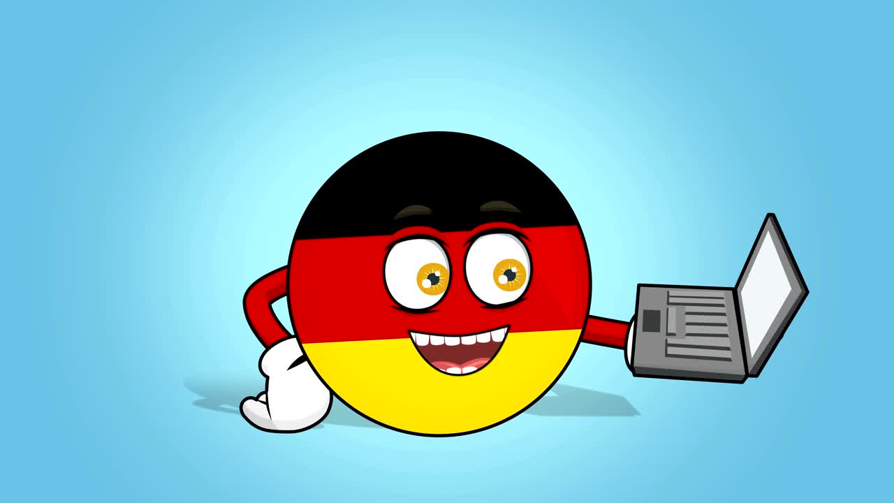 Icona a cartone animato: bandiera della Repubblica Federale di Germania, lavora al laptop con animazione facciale
