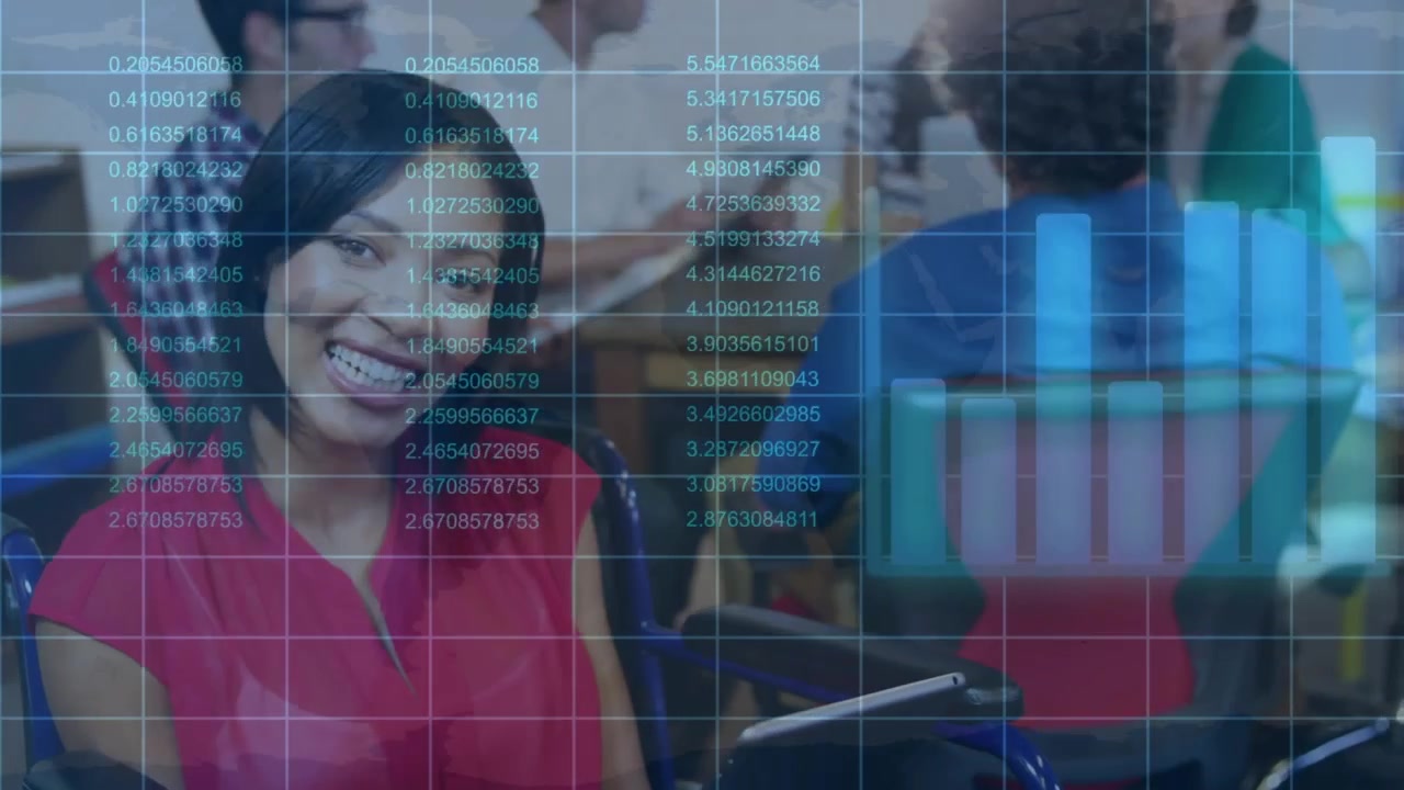 Animation of financial data processing over diverse business people