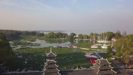 ornate covered bridge and water hyacinth covered lake marina, china