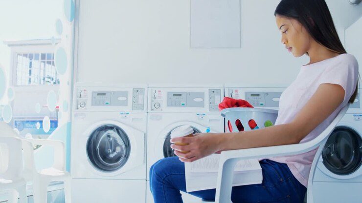 Woman writing on book at laundromat 4k