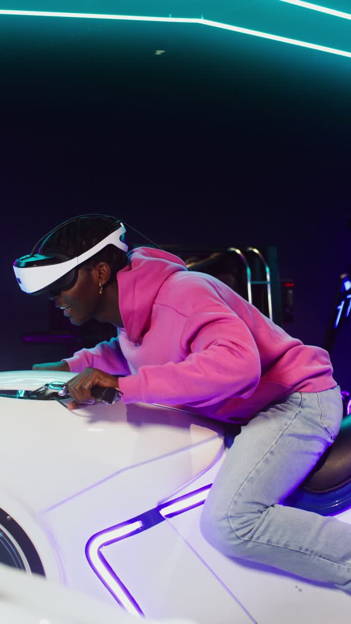 Woman experiencing virtual reality on a riding simulator