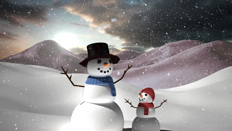 animation of two snowmen with snow falling in winter scenery