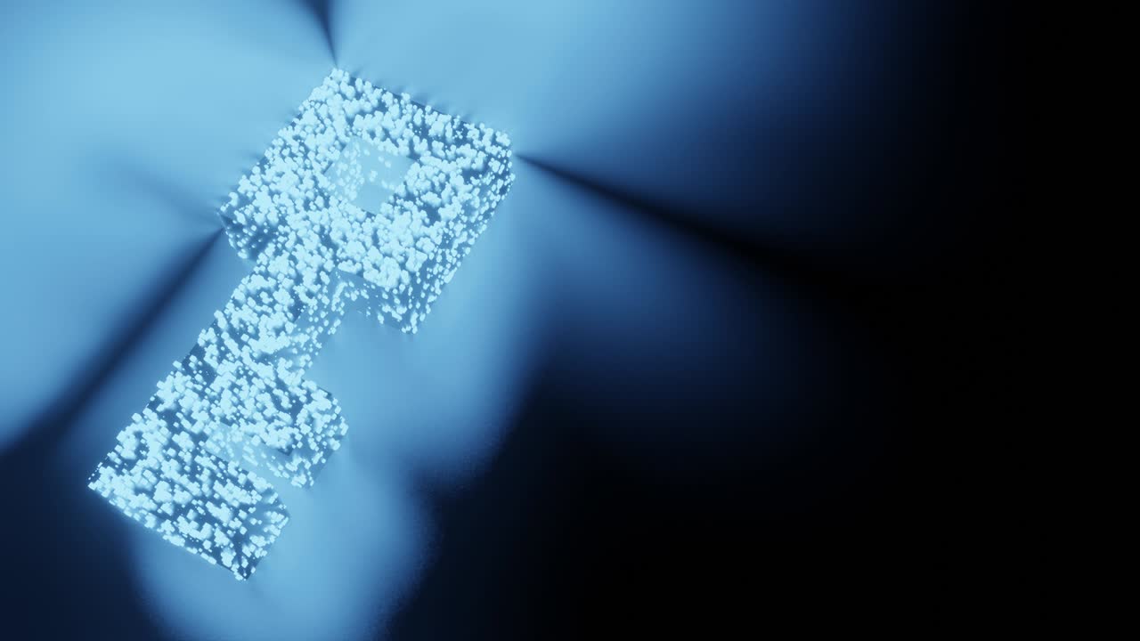 키와 기호 빛나는 미래의 입자 3d 렌더링 큐브 다각형 패턴, 개인 정보 보호 및 보안, 네트워크 기술 잠금 해제, 검은 바탕에 개념 디자인, 복사 공간과 함께 4k 애니메이션