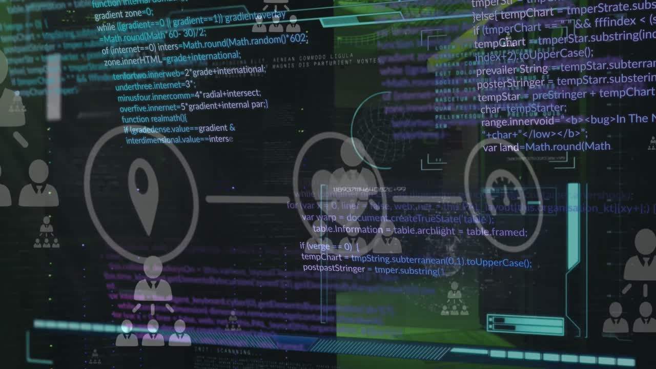 Animation of network of digital icons and interface with data processing against server room
