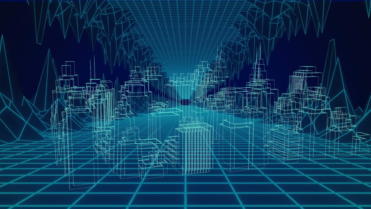 Animation of 3d architecture city drawing spinning over grid