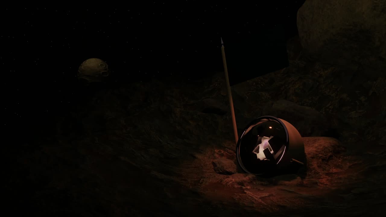 un planeta en llamas en el cielo con un objeto metálico y una bandera en una superficie rocosa