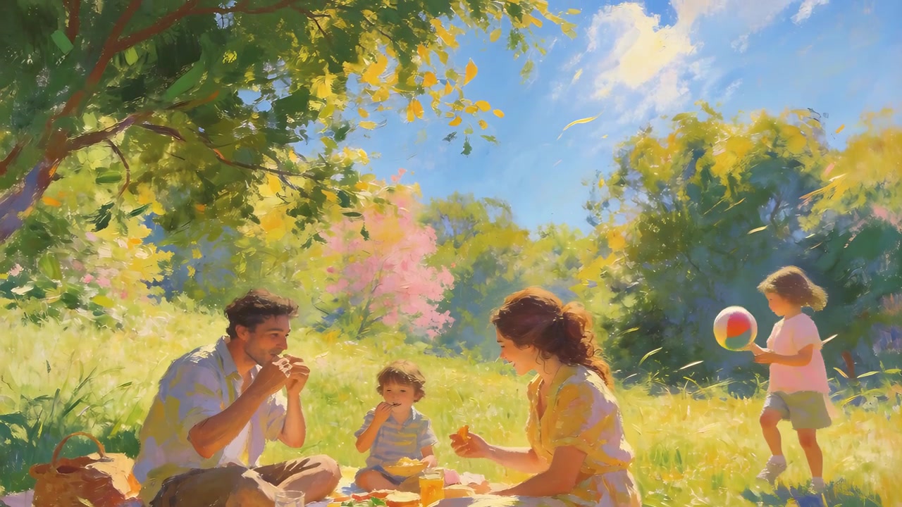 Picking colorful ball, child in pink top tossing ball over meadow while parents eating on blanket