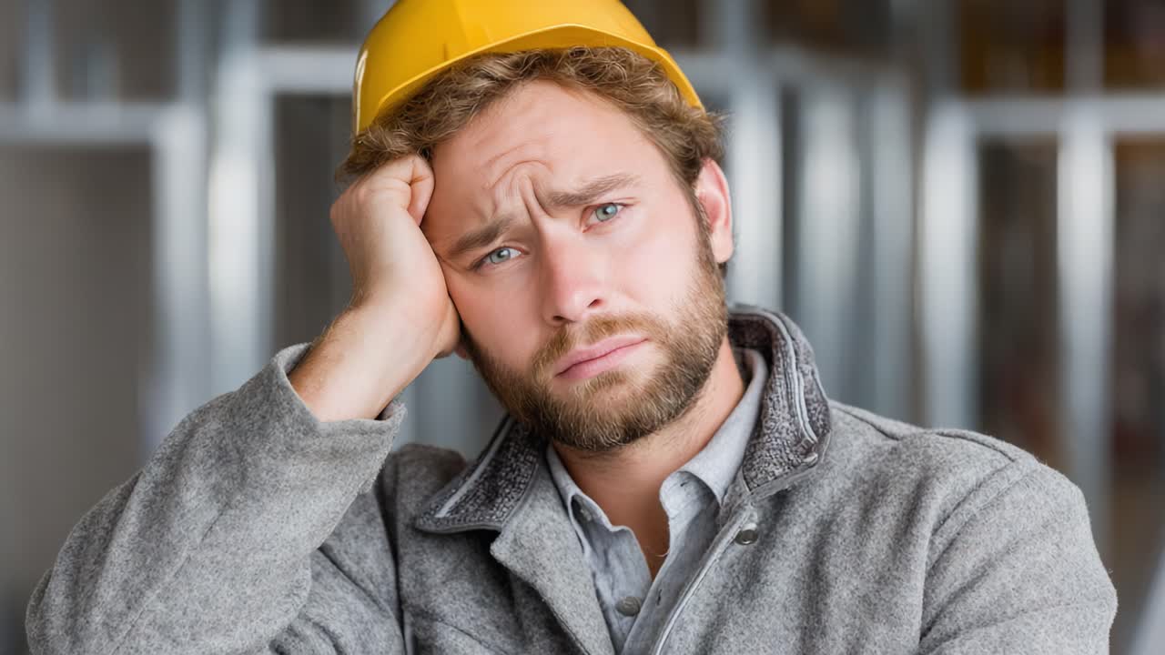 A Construction Worker Struggles with Stress and Uncertainty, Reflecting on Challenges Faced in the Industry While Wearing a Hard Hat in a Concerning Mood