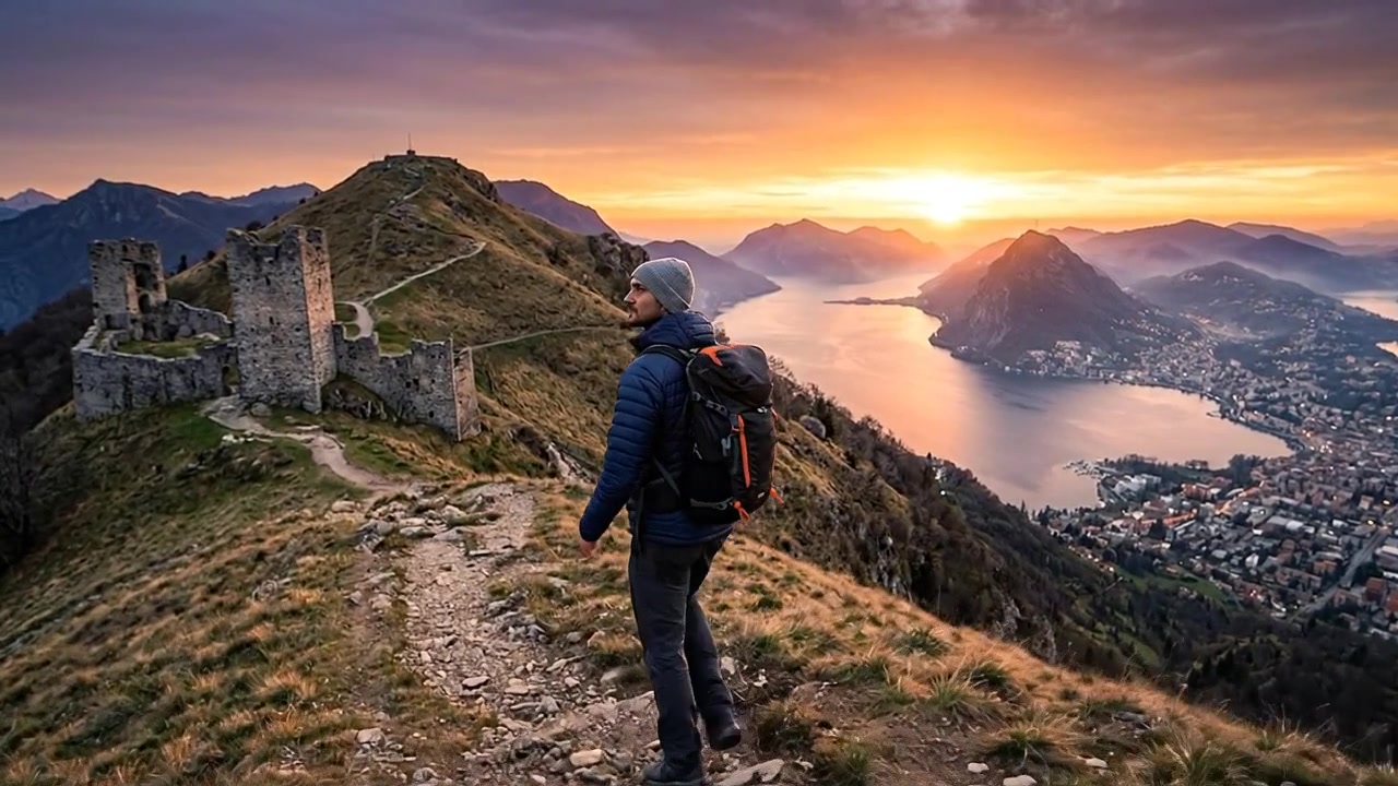 Escursionista che si affaccia su un lago di montagna all'ora d'oro
