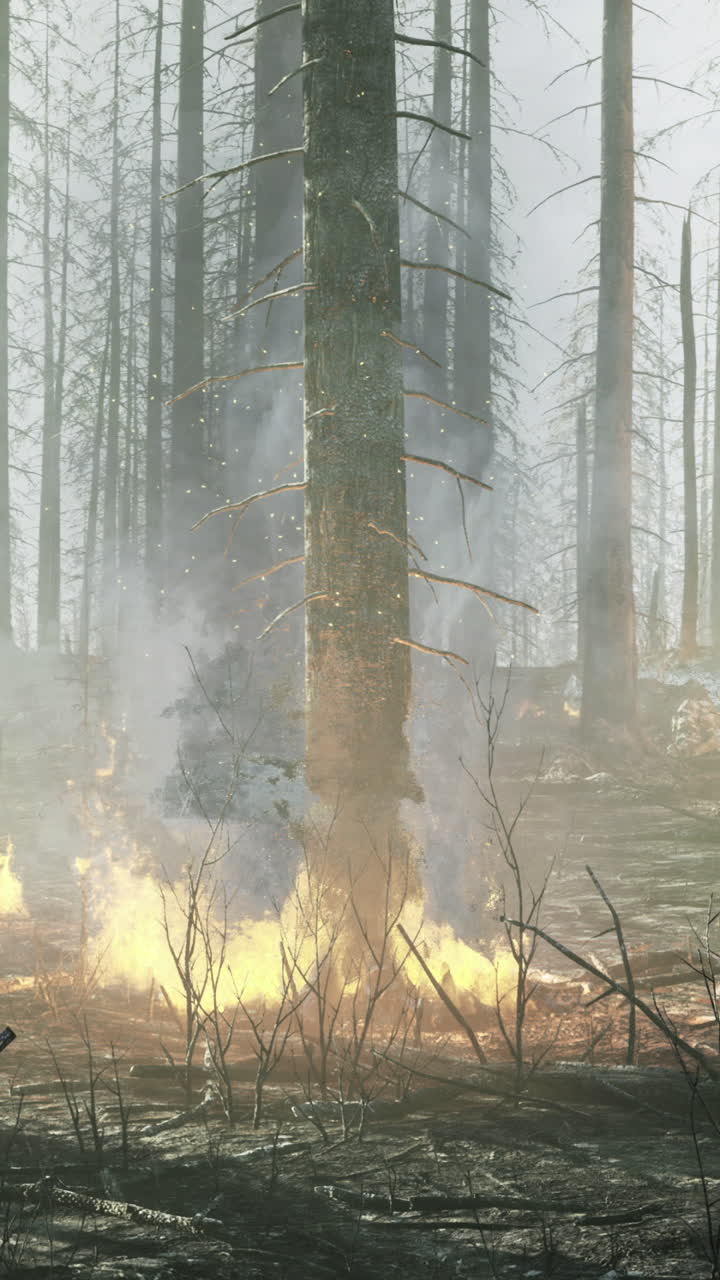 Wildfire consumes dry forest with flames engulfing trees and smoke rising
