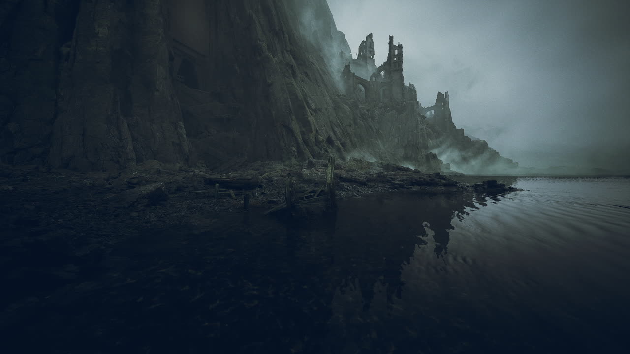 Ruins of an ancient castle rise above a misty shoreline at dusk