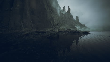 ruins of an ancient castle rise above a misty shoreline at dusk