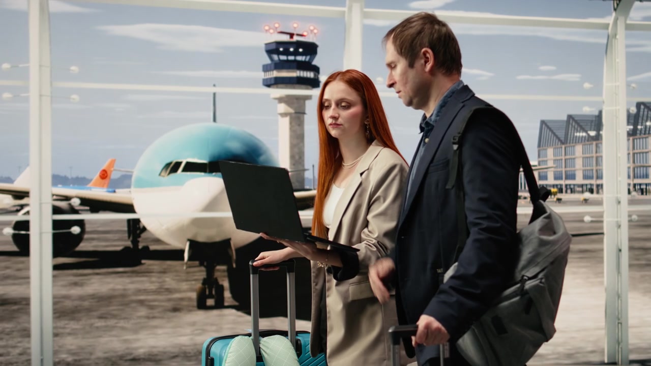 Mujer de negocios y hombre viajando en el aeropuerto, trabajando juntos en un portátil