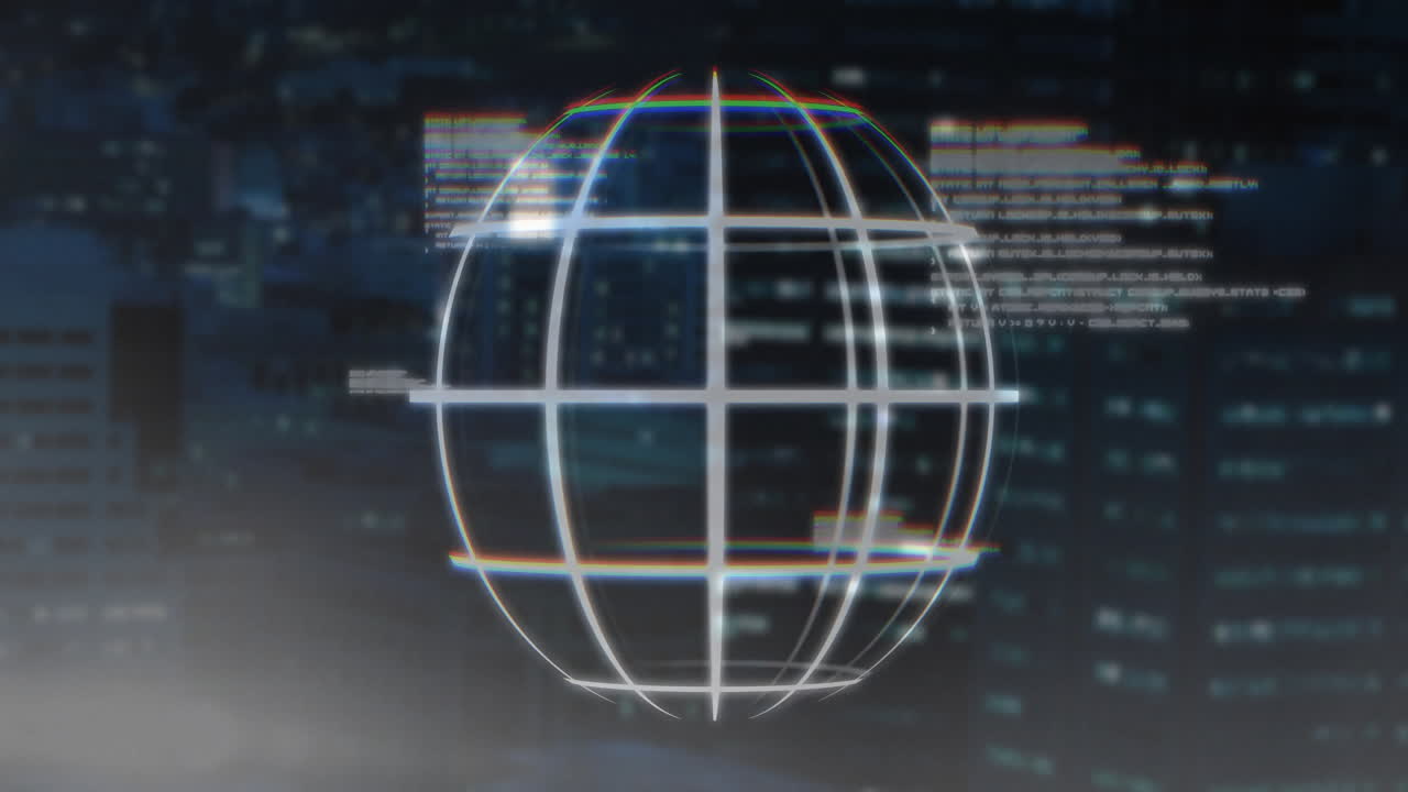 Animation of globe with data processing over cityscape