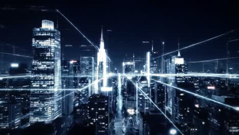 a futuristic night view of a metropolis illuminated by glowing lines and architectural marvels, showcasing vibrant city life in a digital era