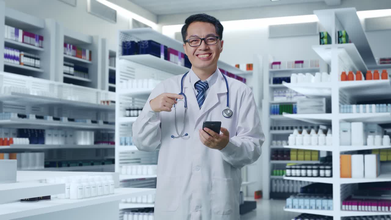 약국 에서 스마트폰 을 손 으로 가리키는 스테토스코프 를 들고 있는 아시아인 남성 의사