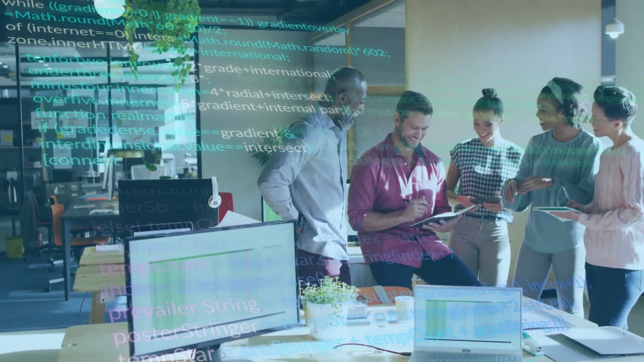 Animation of scope and data processing over diverse business people in office