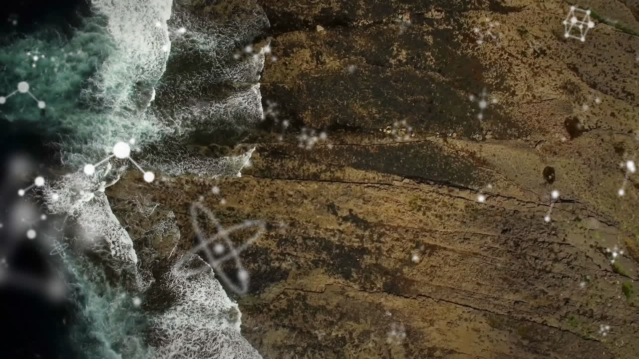 바다의 파도의 공중 조망에 대해 떠다니는 분자 구조의 디지털 구성