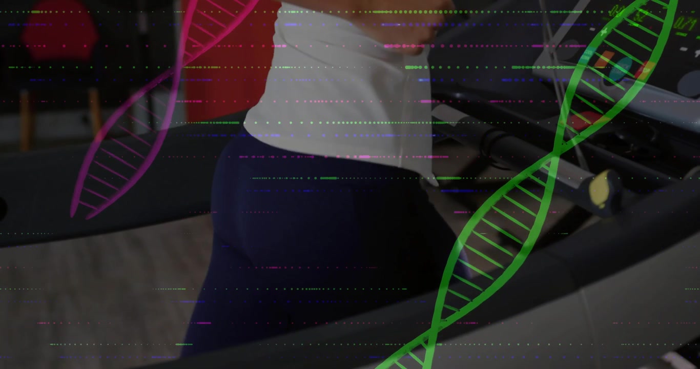 Fitness runner speeding treadmill post console lighting pumping arms with DNA strands showing data