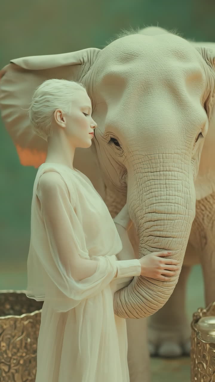 Ethereal Bond: Woman and White Elephant