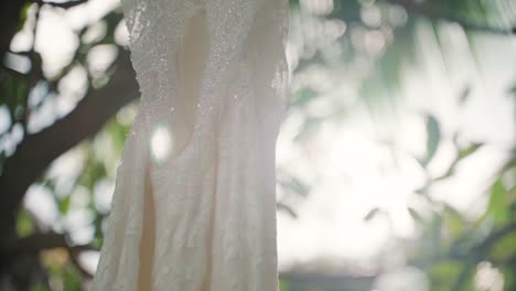 close up of a beautiful white wedding dress hanging outdoors in late light against a backdrop of foliage