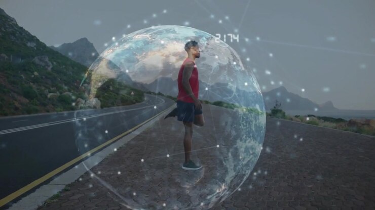 Corredor alongando a perna na estrada enquanto um globo digital surge gradualmente, rastreando dados de condicionamento físico