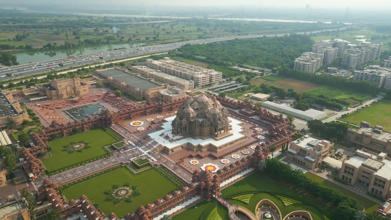 Aerial View Drone Footage of Akshardham Temple in New Delhi one of the largest Hindu temple in India