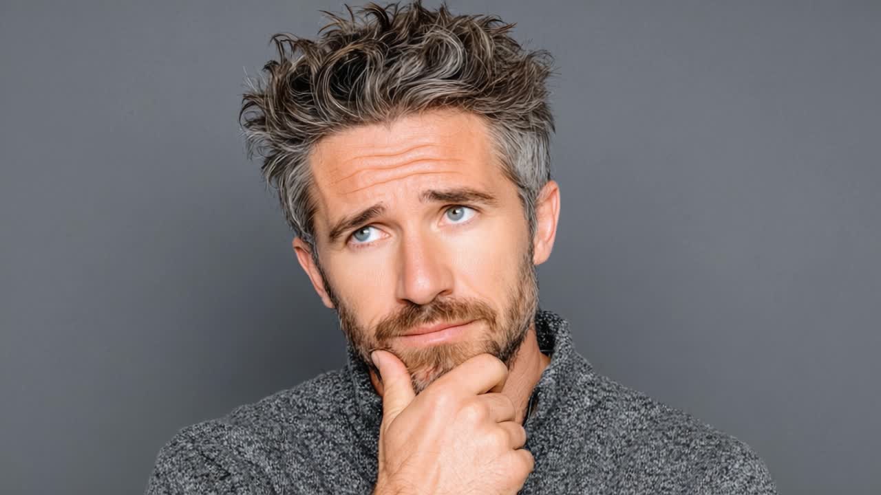 Un uomo pensieroso contempla la sua prossima mossa con un'espressione incuriosita, mettendo in mostra capelli ricci e una barba incolta in un ambiente moderno e neutro.