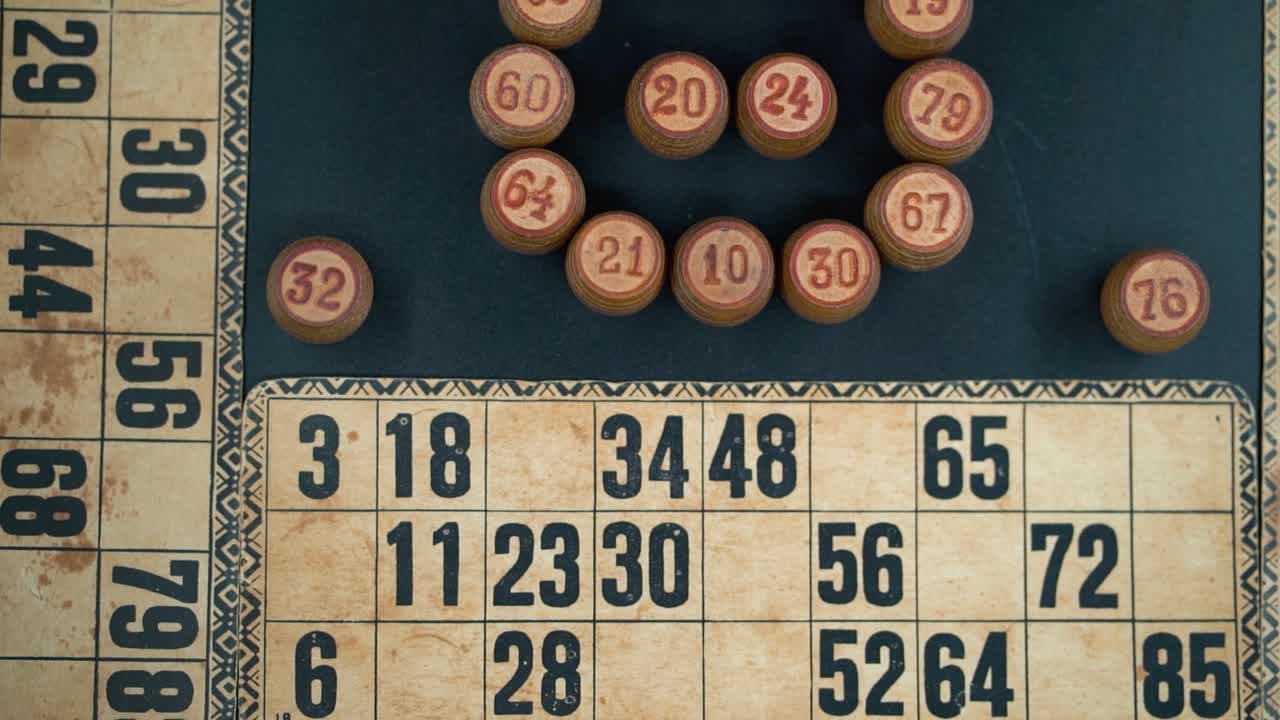 Cinematic close-up smooth tilt up, shot from above of a Bingo wooden barrels, woody figures, old numbers background, vintage board game, lucky number, professional lighting, slow motion 120 fps
