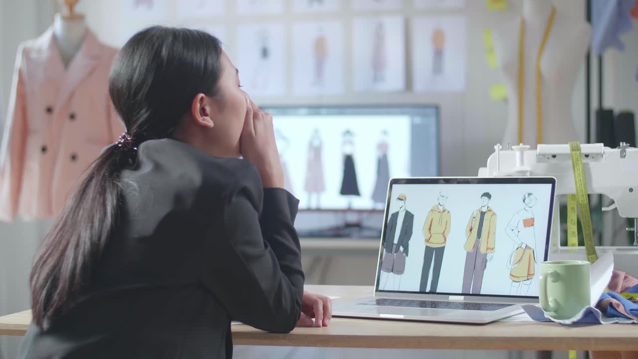 비즈니스 슈트를 입은 아시아 여성 디자이너가 스튜디오에서 노트북에서 옷을 디자인하는 동안 고 잠을 자고있는 뒷면.
