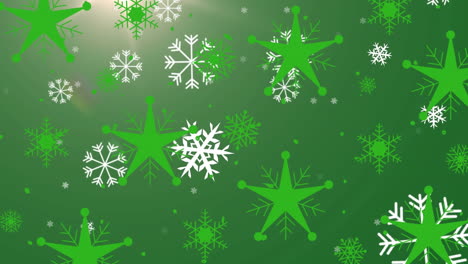 copos de nieve e iconos de estrellas múltiples cayendo contra el punto de luz sobre un fondo verde