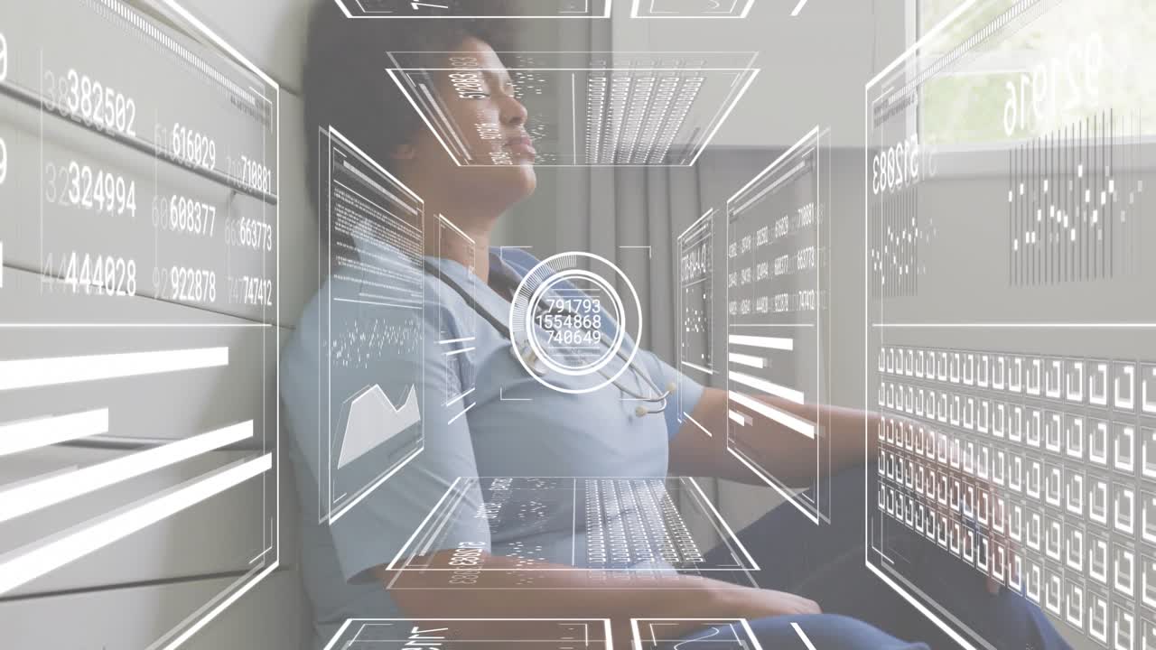 Female nurse leaning on drawers taking breath as system activating data grids displaying metrics