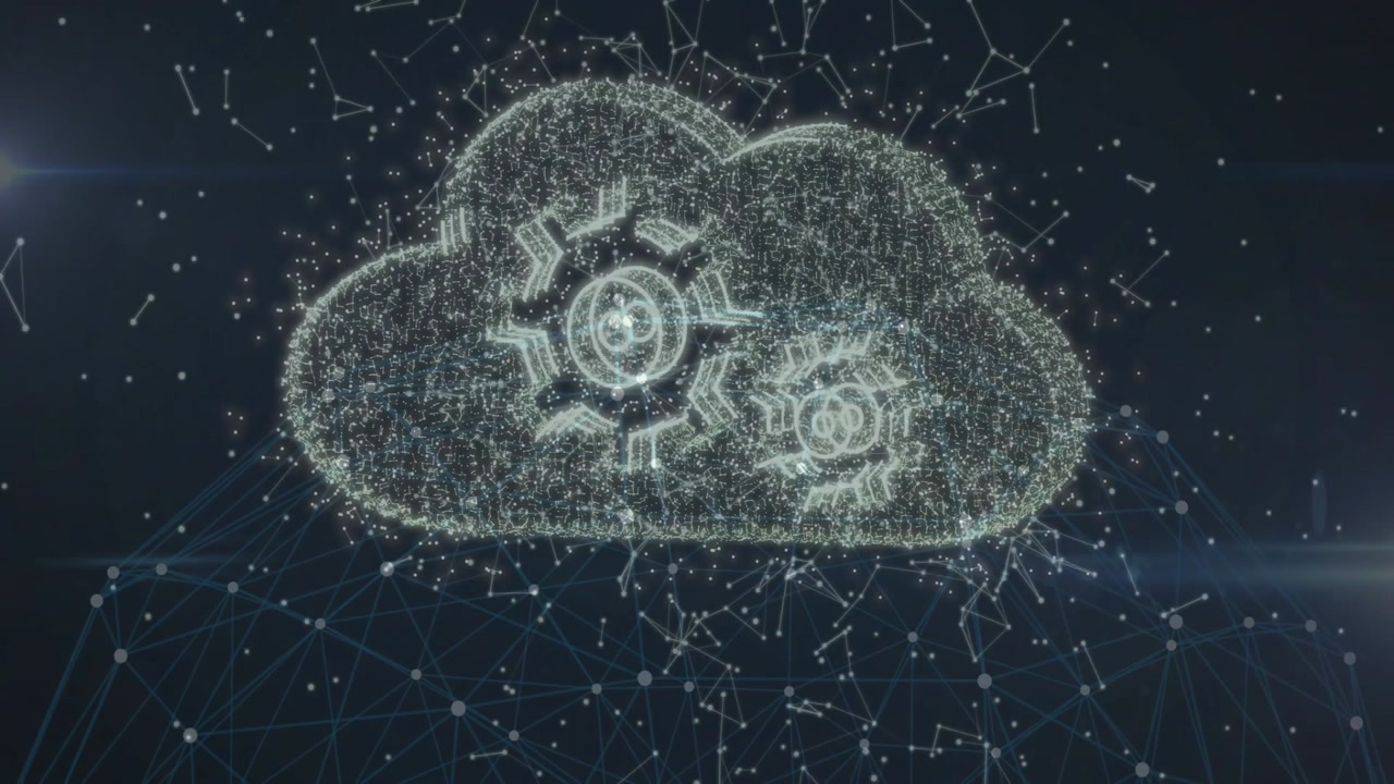 Network nodes racing inward coalescing into cloud representing computing with rotating gears fading