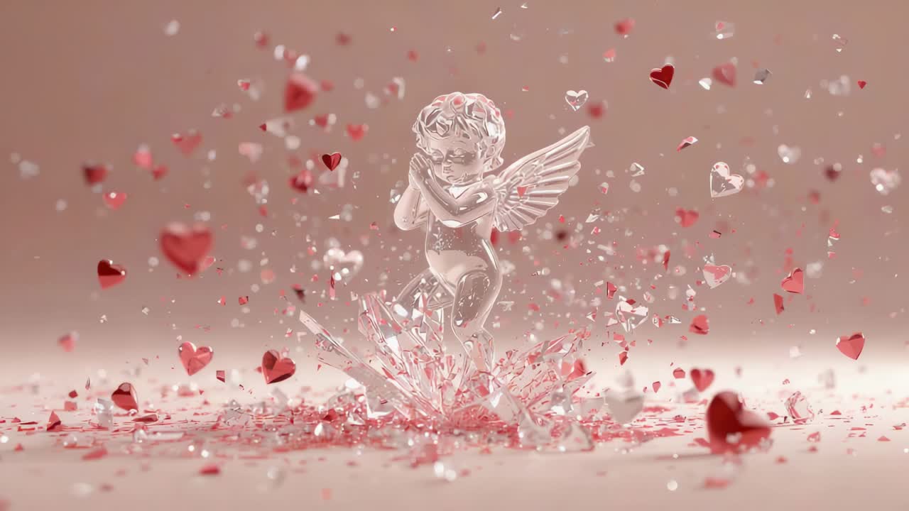 Cuori rossi fluttuanti che si liberano da frammenti, superando un cherubino di cristallo centrato sul tavolo, in mostra